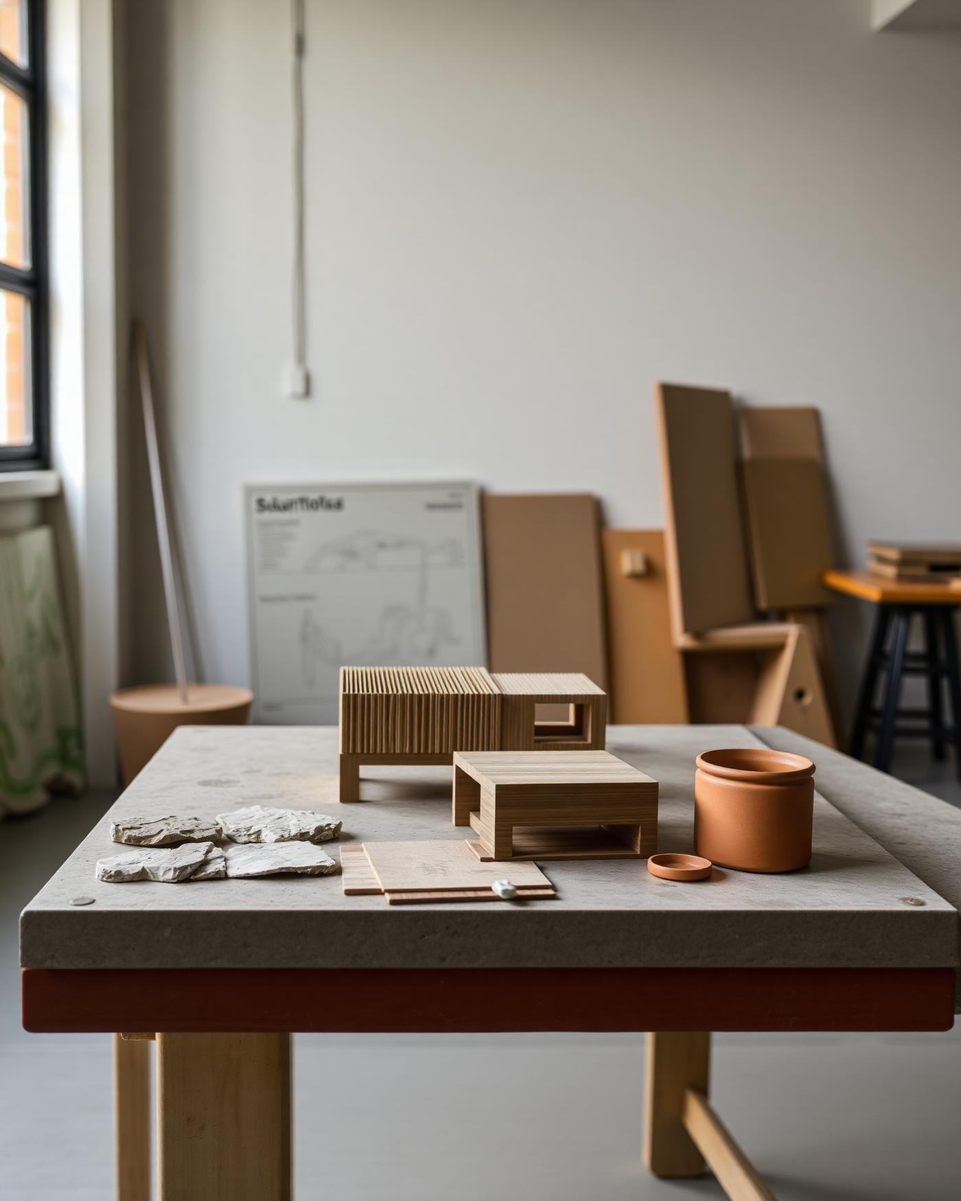 Studio table with timber study models and stone material samples